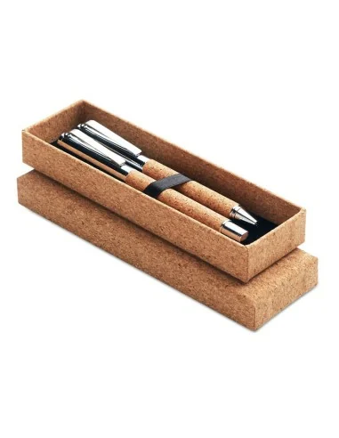 Metal Ball pen set in cork box QUERCUS